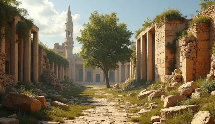 Nebuchadnezzars ancient palace in ruins :  broken marble columns and crumbling walls covered by vegetation. in the center,  a tall, leafy tree grows amidst the ruins ,  symbolizing time surpassing human accomplishments .