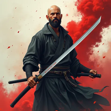 illustration. beard. bald.  with a sharp blade . The inscription on Katanas blade  : "BAYRAKTAR";  Its not the sharpness of his blade that makes a warrior.."  behind is a lot of colored smoke . best size ,  Realistic anatomy,  high detail, 