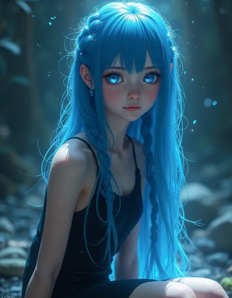 Girl with blue braided hair with a black tank top kneels with bright blue eyes in Arcane fashion 