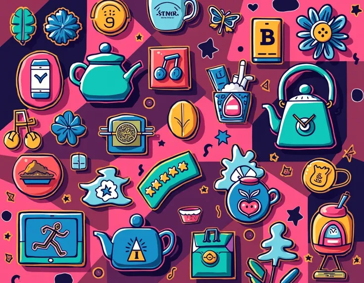 neon doodle style desing background, flat design, coffee beans, teapots, marathon, no people