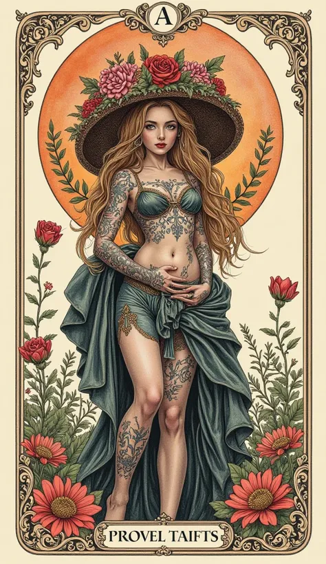 intricate romantic watercolor painting, tarot card style, full body portrait, highly detailed, ornate floral patterns, retro aesthetic, intricate tattoos, chiaroscuro lighting, muted color palette, painterly textures, dynamic composition, ethereal mood