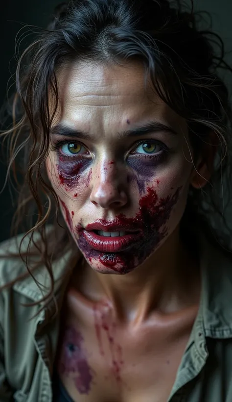 A highly detailed and emotional portrait of Anllela Sagra after a savage beating. Her face is severely injured, with her left cheek grotesquely swollen and discolored in shades of deep blue and purple from a heavy punch. Both eyes are surrounded by dark br...