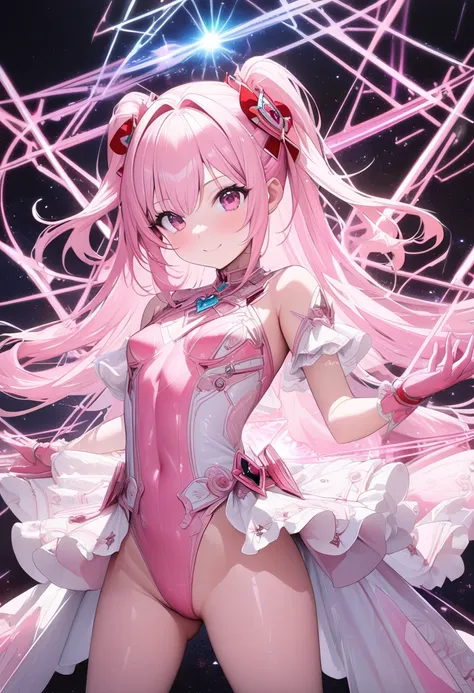 ((masterpiece)), ((highest quality)), (Super detailed), ((cute)), cute, (Lovely), ((sexy)), (device), ((Very detailed)), 4K, (8k), highest quality, (beautiful), One girl, , Shiny skin, Pink Hair, Long Hair, Both sides up, Pink Eyes, Magical girl, , Small b...