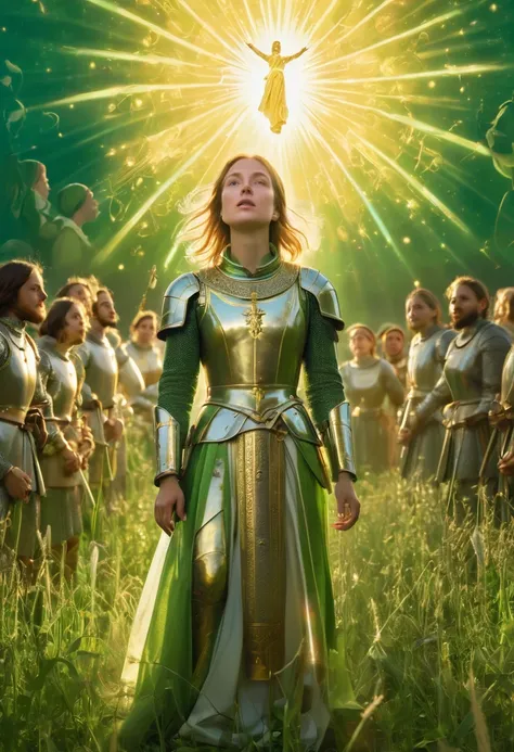 Joan of Arc in a green field, illuminated by a celestial light. She is in a trance, with an expression of wonder on her face, while angelic figures and saints appear in the background, enveloped in an aura of golden light.