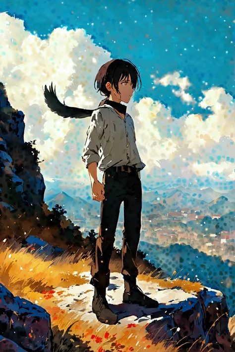 Background for a third-person movie of a mature adult boy with straight dark hair, honey colored eyes,  with light gray overalls and light black shirt with black pants. looking at the horizon from a mountain .