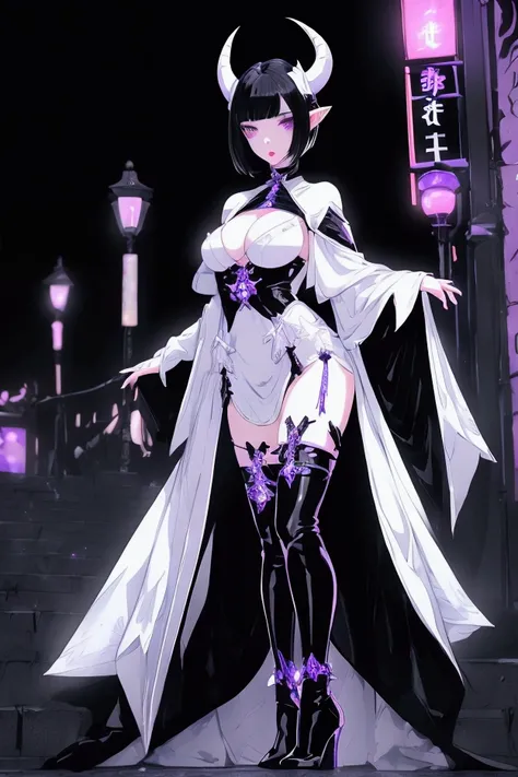 Beautiful demon female, porcelain white skin, (((short black hair))), purple eyes, black eyeliner, ((large breasts)), white horns only on head, pointy ears. Wearing small black dress. Tokyo at night background, neon lights. Thigh high black boots. Standing...