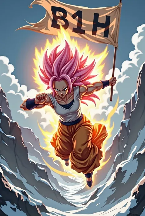 Create a super sayajin girl with pink hair flying between the mountains ,In the right hand holding a flag with the word B 1 h , and a background in the snow  