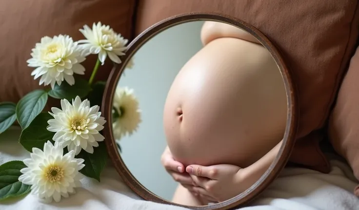  THE FOCUS IS THE BELLY ,a circular mirror placed on a padded surface with a brown and white tint,  probably cushions or soft upholstery . Inside the mirror ,  is reflected in the belly of a person in an advanced stage of pregnancy ,  highlighting its curv...