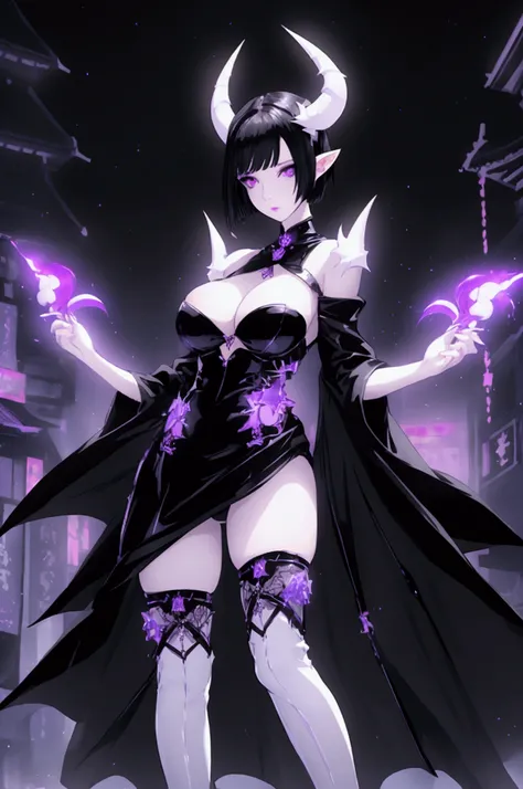 Beautiful demon female, porcelain white skin, (((short black hair))), purple eyes, black eyeliner, ((large breasts)), white horns, pointy ears. Wearing small black dress. Tokyo at night background, neon lights. Thigh high black boots. Standing, legs spread...