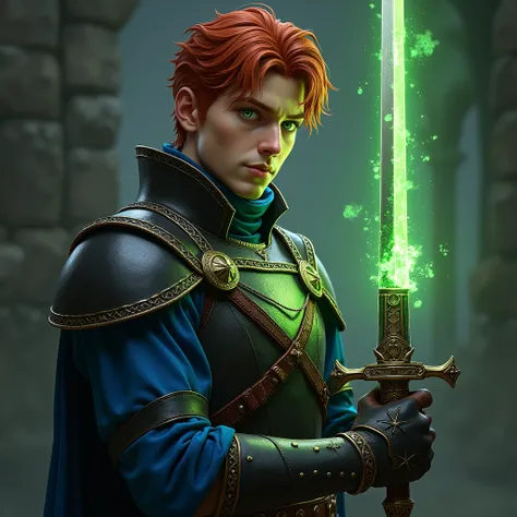 best quality,4K,8k, highres icon,masterpiece:1.2,ultra-detailed,realistic,photorealistic,photo-realistic:1.37,HDR,UHD,studio lighting,ultra-fine painting. Tall and slender male warrior , 30 years old, with sword in his hands , short red hair,  wearing blue...