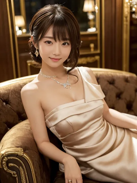 she is a very beautiful and well-styled japanese woman in a dark night cabaret with romantic lighting wearing a short, silk-leng...