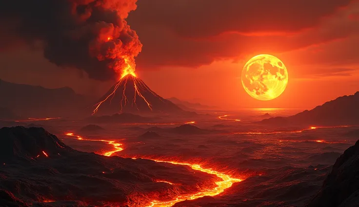 " An ultra-realistic and cinematic image of the first millions of Earth years.  The planets surface is melted ,  with vast oceans of glowing magma covering the landscape .  Several active volcanoes are constantly erupting , spewing lava and ash into the ai...