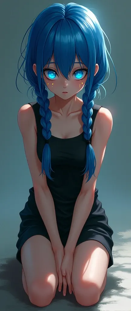 fille au cheveux avec que des tresses bleue avec un débardeur noir a genoux au yeux lumineux bleu avec des larme jinx