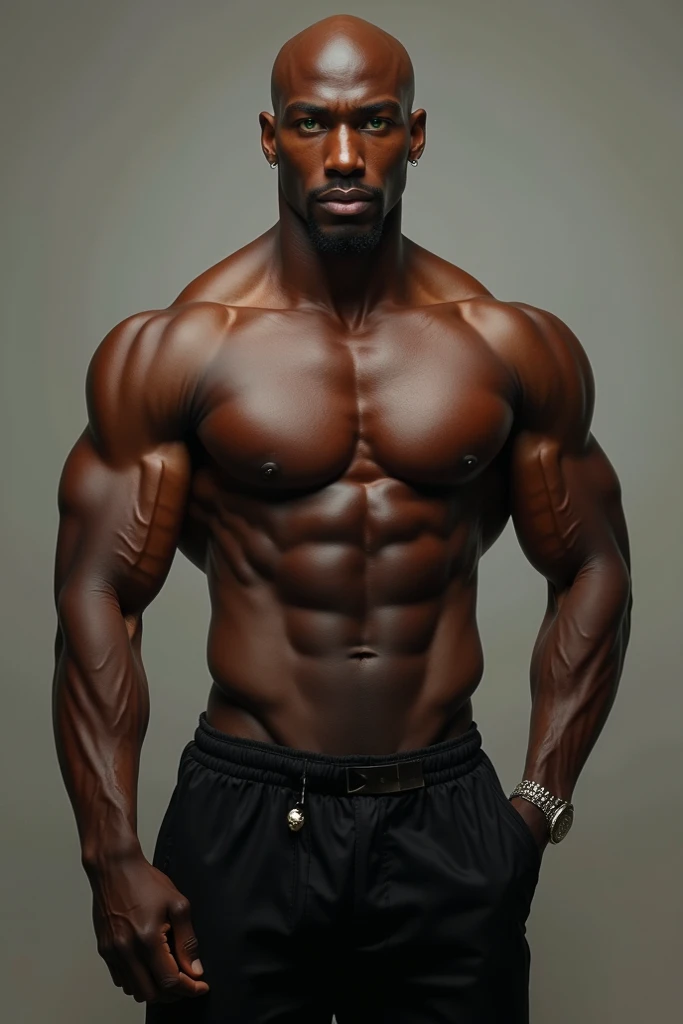 a black man, high, with approximately 1,90m tall,  presents an impressively defined physique ,  with well-worked muscles and athletic symmetry . His skin is smooth and unmarked ,  with a deep and uniform tone . bald,  he displays a clean and elegant look ....