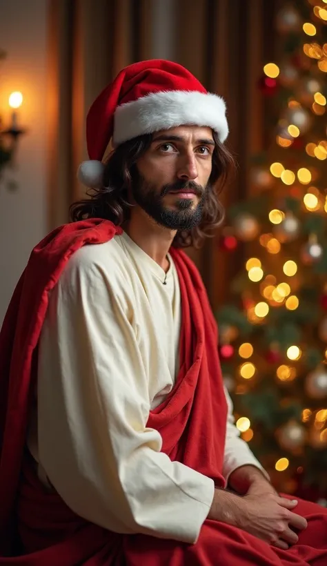 Jesus in simple white and red robes looking directly at the camera for those who see the image ,  your look is sad but serene , The image has warm colors ,  the setting is a living room with Christmas decoration a beautiful Christmas tree and Jesus has a S...