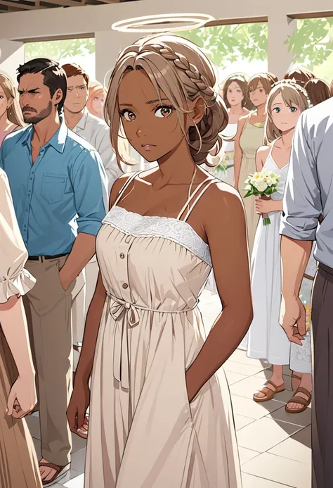 Adult female, betrayed expression, unkept light brown hair with a braid halo, wearing casual sundress, brown skin, hazel eyes, standing cluelessly on aisle at wedding