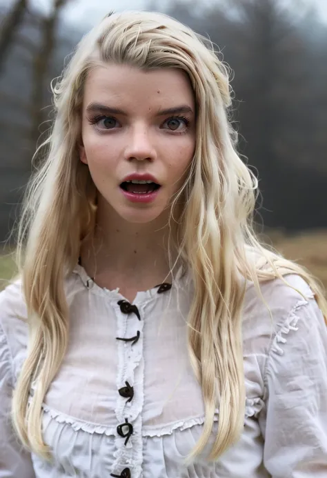 "anya taylor joy,  long-haired blonde , is "The Witch" From the farm , Goats,  white look , possessed, yelling,  angry well-defined face,  Super angle , frontal,  radiant background , natural,  atmosphere , mysterious,  volumetric lighting ,  masterpiece ,...