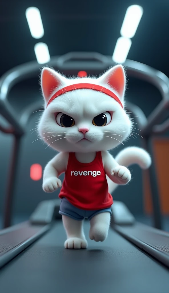 A cartoon white cat wearing a red tank top with the word "REVENGE" printed on it and a red headband is running on a treadmill. The cat is centered in the image and is facing forward, looking directly ahead, with its paws on the treadmill. The cats expressi...