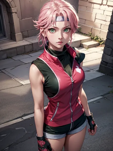 sakuraharuno, sakura haruno, short hair, (green eyes:1.5), pink hair, headband, hair intakes, forehead protector, parted bangs, (small breast:1.2),
BREAK shirt, gloves, shorts, sleeveless, black gloves, sleeveless shirt, red shirt, red jacket, zipper, zipp...