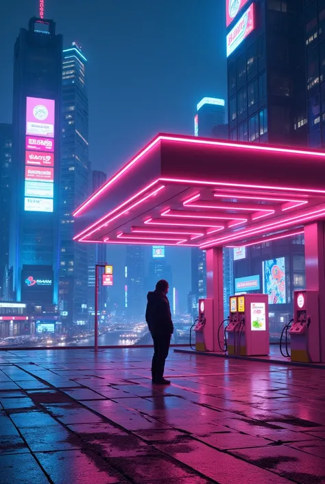 Neon blue and pink urban gas station