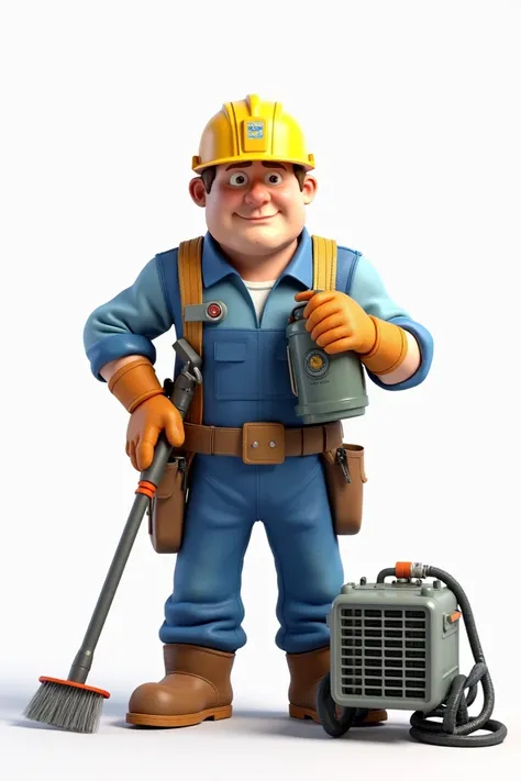 3D image with white background of Bob the builder with air conditioner washing tools adult male version