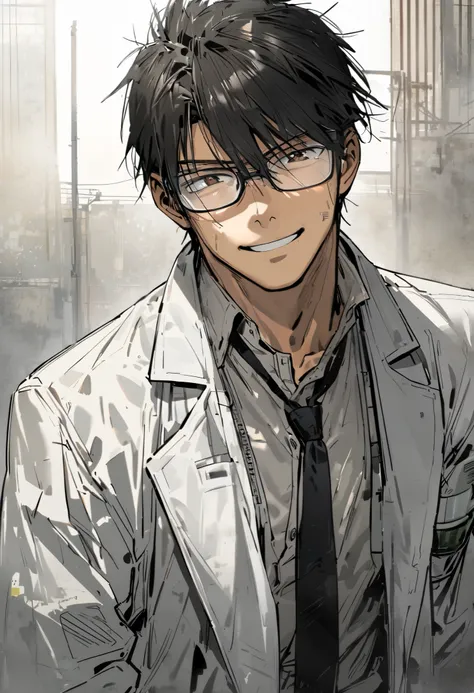 Solo male, style of Metal Gear Solid, 20 years old, Japanese, short black hair, brown eyes, glasses, ((wearing a lab coat)), ((thin)), ((wearing a tie)), ((button-up shirt)), (((shaven))), friendly, happy, disheveled