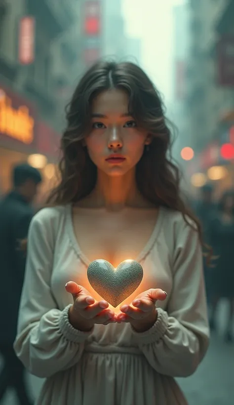 Sofia holds a heart-shaped stone in the streets of the blurry city.