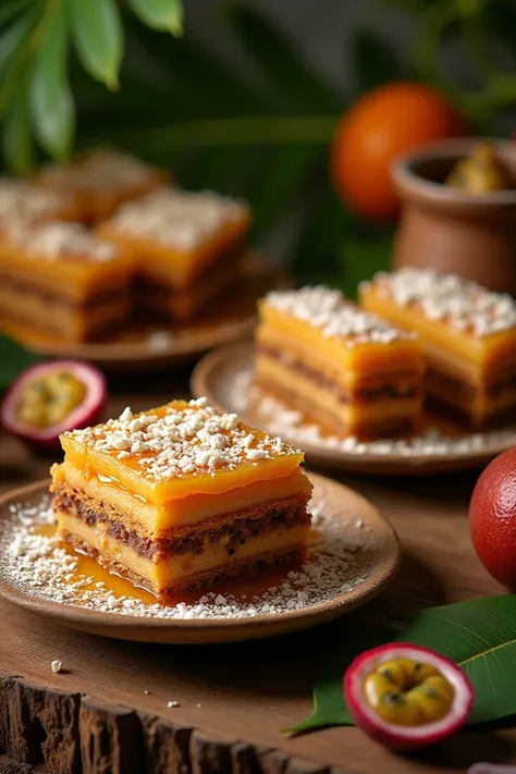 
" A rustic wooden table decorated with creative baklava reinterpretations .  The layers of the candy feature typical Brazilian ingredients ,  like Brazil nuts , dulce de leche,  caramelized guaraná , Guavada and coconut .  The pieces are artistically arra...