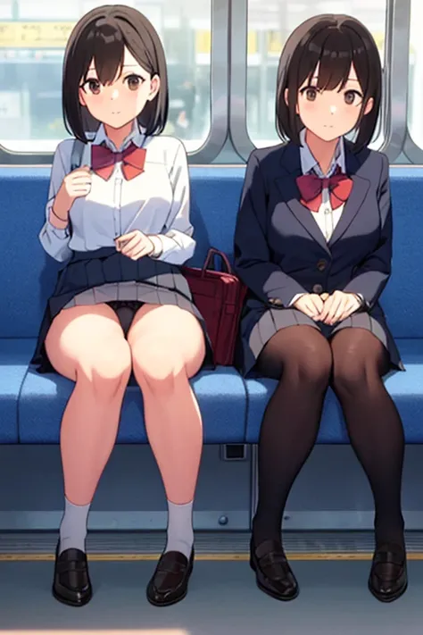  1 girl,  sits on a train chair、 school uniform,  Mini Skirt、 lace panties、 pantyhose、 from the front、 Multiple Views 、long-sleeved white shirt with red bow on collar, medium breast,  gray skirt ,  short hair,  black hair,  Brown Eyes ,  cowboy shot,Alone,...