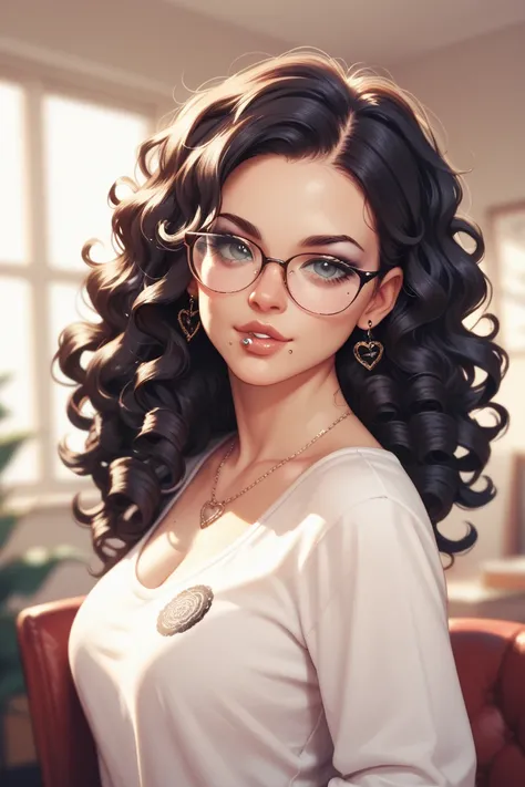 Black curly haired woman with glasses and mouth piercing