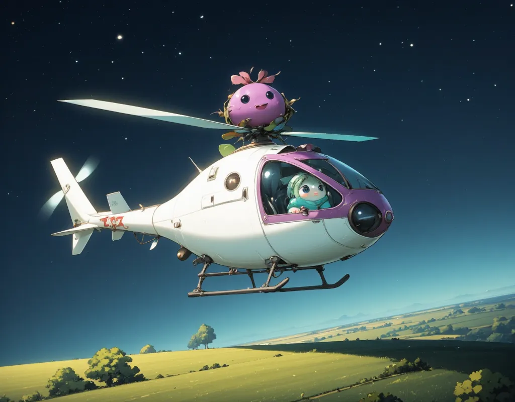 cute helicopter in the shape of a white radish, white radish pilot, night flight,