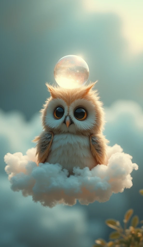 A mini owl with a glowing ureula in a cloud 