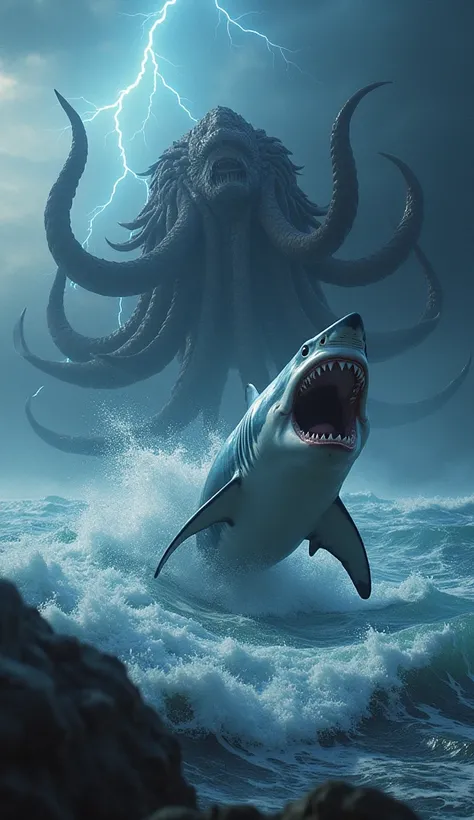 UHD photography ,  high resolution ,  Hyper realistic , hyper details, 32k,  a great white shark leaps from the turbulent waves ,  its jaws are wide open with sharp teeth .  The tentacles of a glowing giant kraken grip the surrounding water , creates a mys...