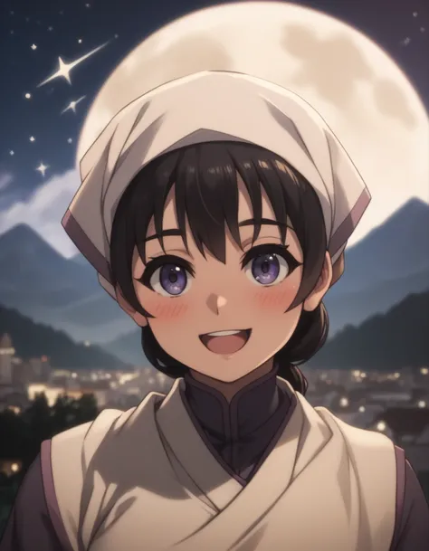 score_9, score_8_up, score_7_up, gsfghtr, moslem clothes, hajj clothes, mukena, headscarf, cinematic Lighting, 1girl,solo,looking at viewer,blush,smile, open mouth,top of mountain, city view, moon, shooting stars, (((bright light from front)))