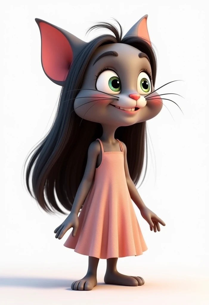   a cute and happy one with long hair,  wearing dress ,  white background, Tom, Pixar style, ..3d, cartoons, detailed face , asymmetric 16k