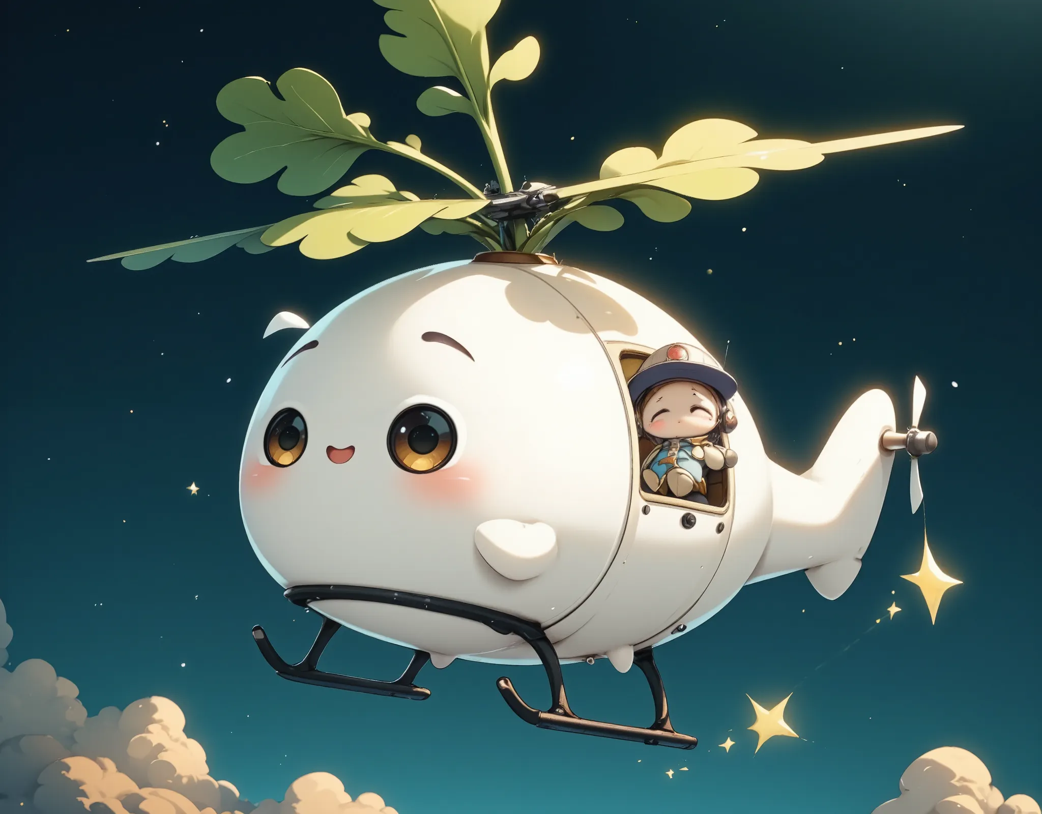 cute helicopter in the shape of a white radish, white radish pilot, night flight,