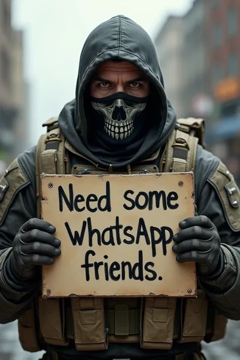 Simon Ghost Riley Of The Call Of Duty.Holding a sign board saying NEED SOME WHATSAPP FRIENDS 