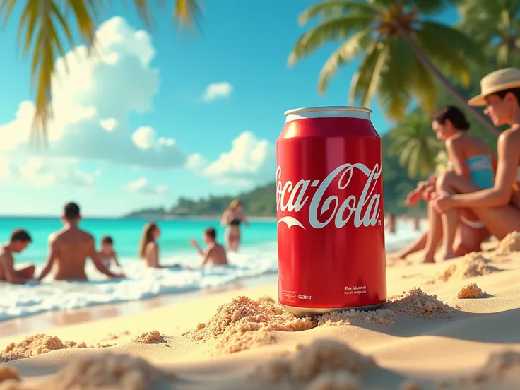 a beach in the background with people having fun and in the foreground you can see a Coca-Cola in a can