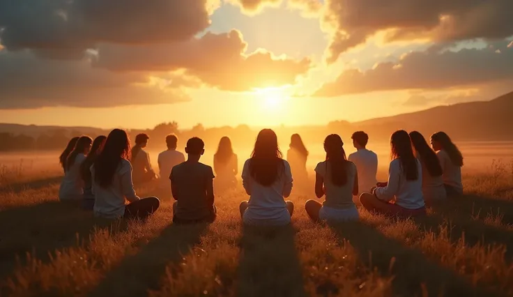 A circle of people of different ages and races, kneeling in a field, as heavenly lights begin to shine on them.