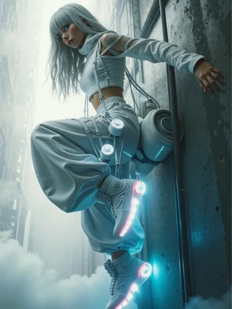 masterpiece, Best Quality, Realistic, In the dimly lit colony shrouded in white mist, she Climbing as a solitary fashion model. She is dressed in a cyber-themed outfit centered around the color white. She wears a high-neck, sleeveless top paired with a max...