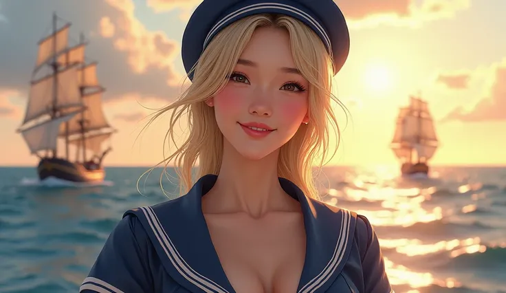 portrait of a beautiful asian woman, (navy), Sail ships, prow, busty, cleavage, Sunset, Sparkling water, white clouds, Solo, Slim woman, navy sailor hat, navy blue sailor uniform, blonde hair, Sparkling eyes, (Detailed eyes), Smile, Sweat, Oily skin, large...