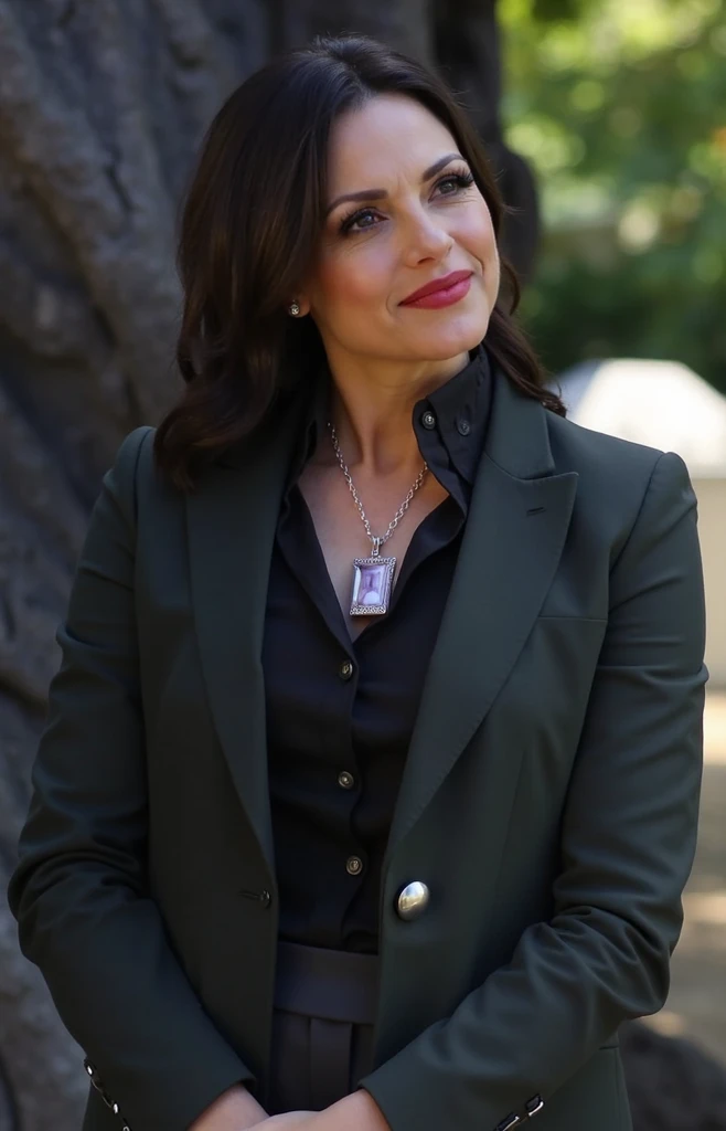 The image shows a woman in her forties with dark, long, and wavy hair. She is wearing a black jacket and a dark blouse or shirt. She has on a bold red lip color and seems to be smiling confidently. 