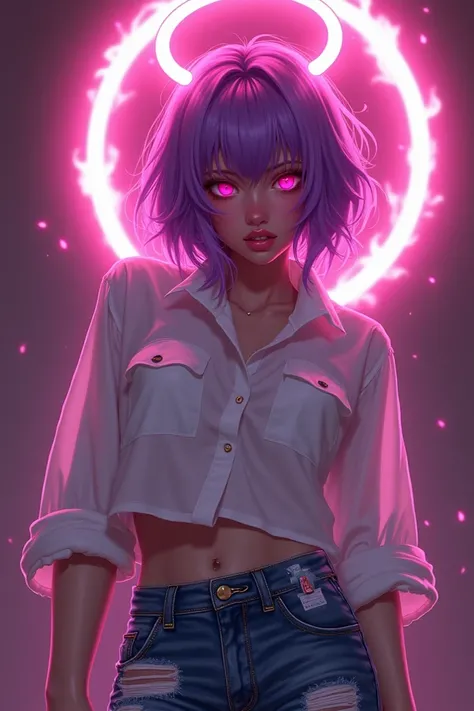 a femboy with purple hair white shirt pink eyes pink fire halo and ripped jeans 
drooling and being fucked in the ass