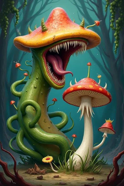 Create an image of a carnivorous plant working with a mushroom in two dimensions 