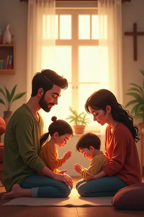 Family praying at home