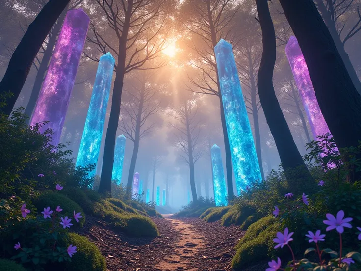  Crystal Forest :
In the heart of the island,  exists a forest where trees ,  known as Lumorian Crystallides ,  have translucent trunks that shine at dawn.  These trunks store water in their structure , What reflects sunlight ,  shape creating a spectacle ...