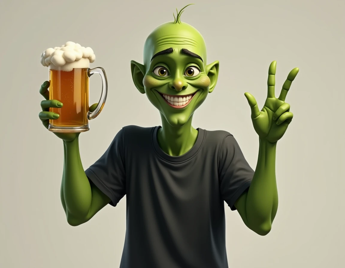 Create a png image of a smiling bald green male in a black t-shirt holding a beer mug and with the other hand making the peace sign