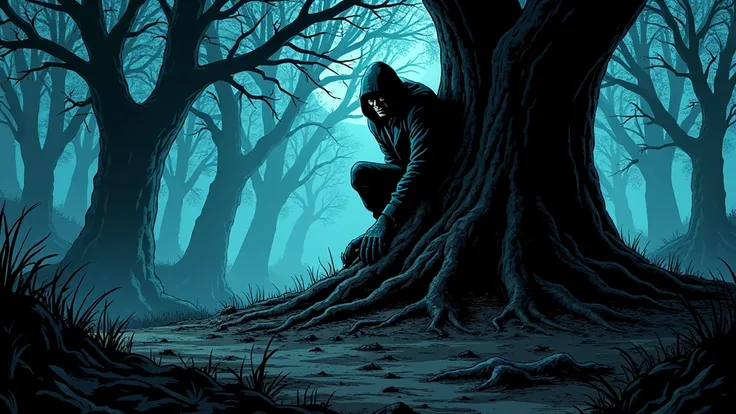 horror, fearfull forest by night, serialkiller hidden behind tree, marvel comics style