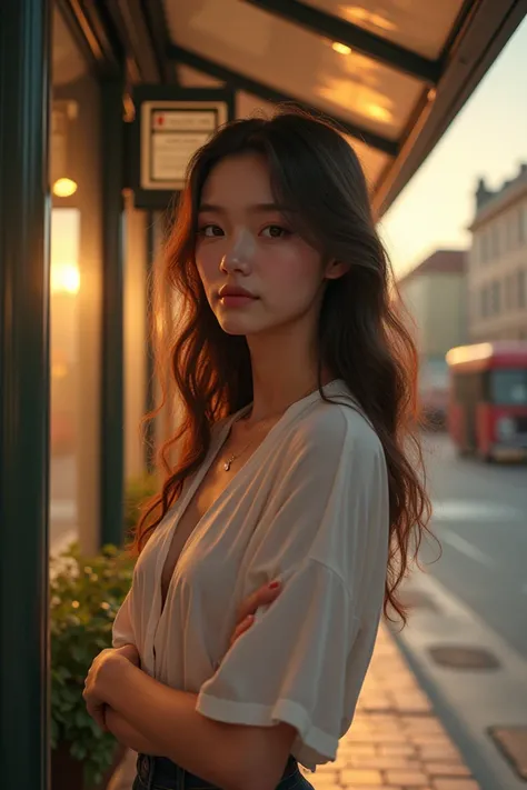 Pretty lady at a bus stop