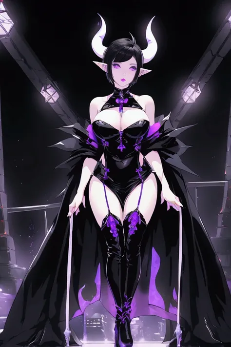 Beautiful demon female, porcelain white skin, (((short black hair))), purple eyes, black eyeliner, ((large breasts)), 2 white horns, pointy ears. Wearing small black dress. Tokyo at night background, neon lights. Thigh high black boots.